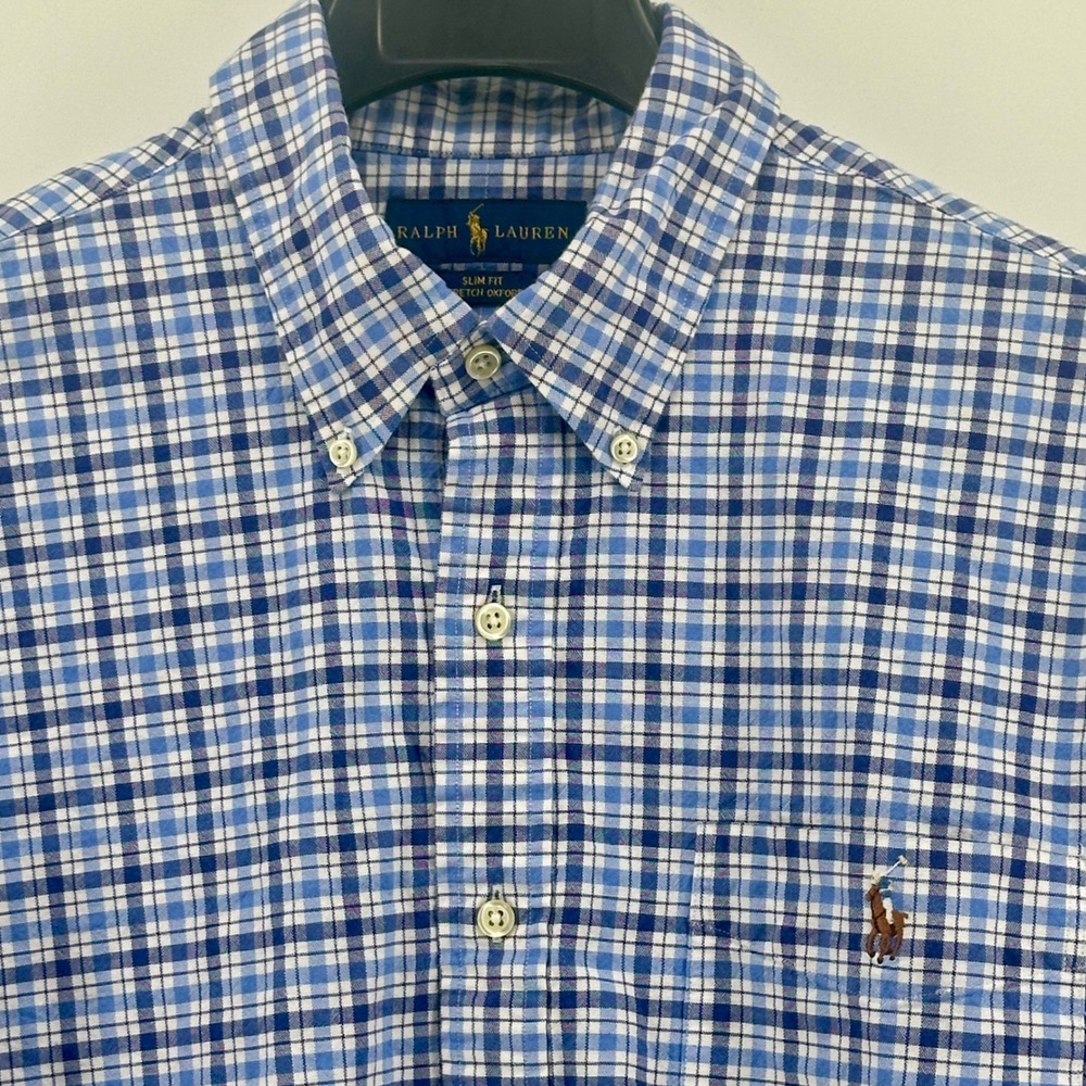 Ralph Lauren Shirt Mens XL Blue Plaid Slim Fit Stretch Oxford Button Down Modern - Picture 5 of 8